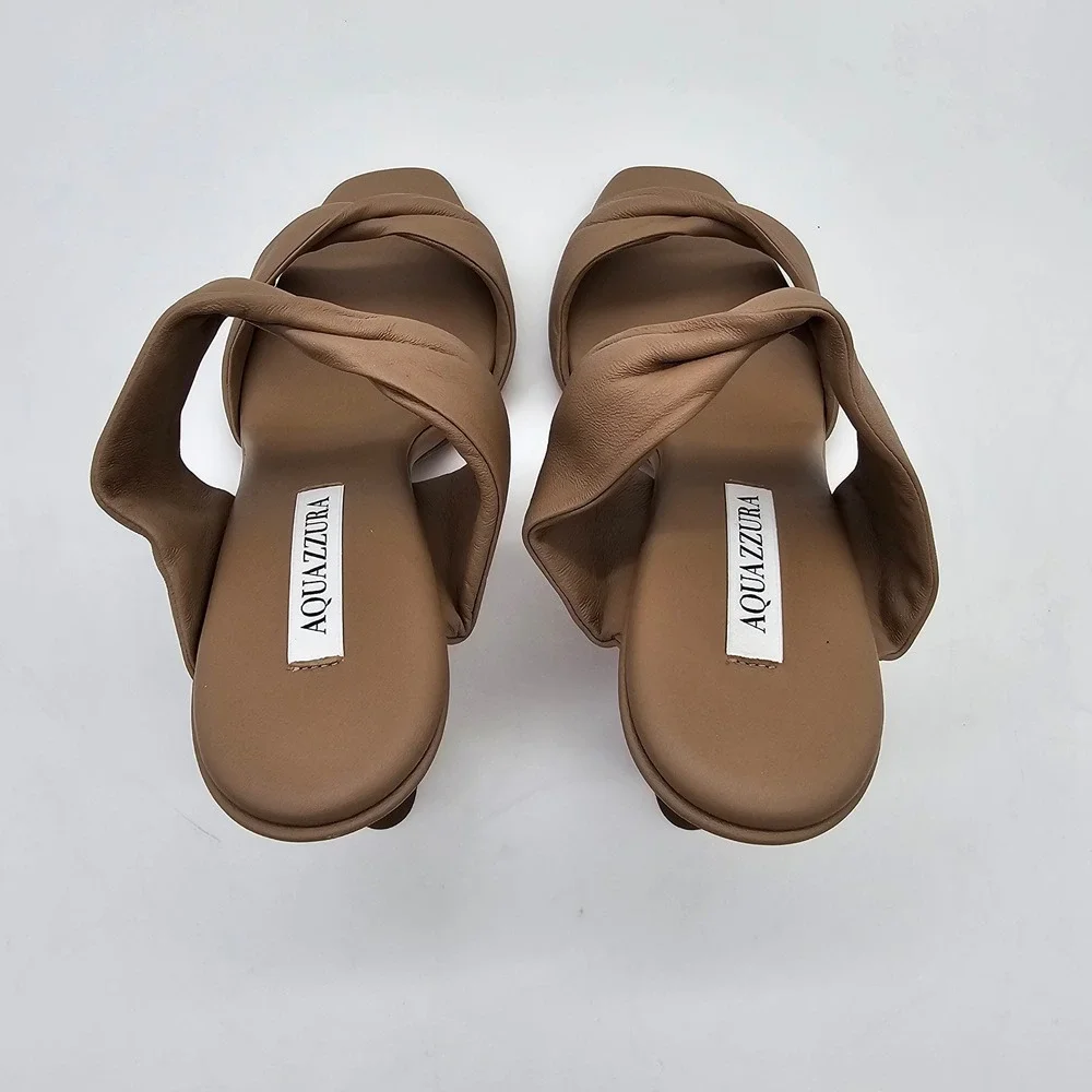 Aquazzura Twist Sandal 75 Women Size 40 US 10 New Nude Leather Kitten Heel Mules
